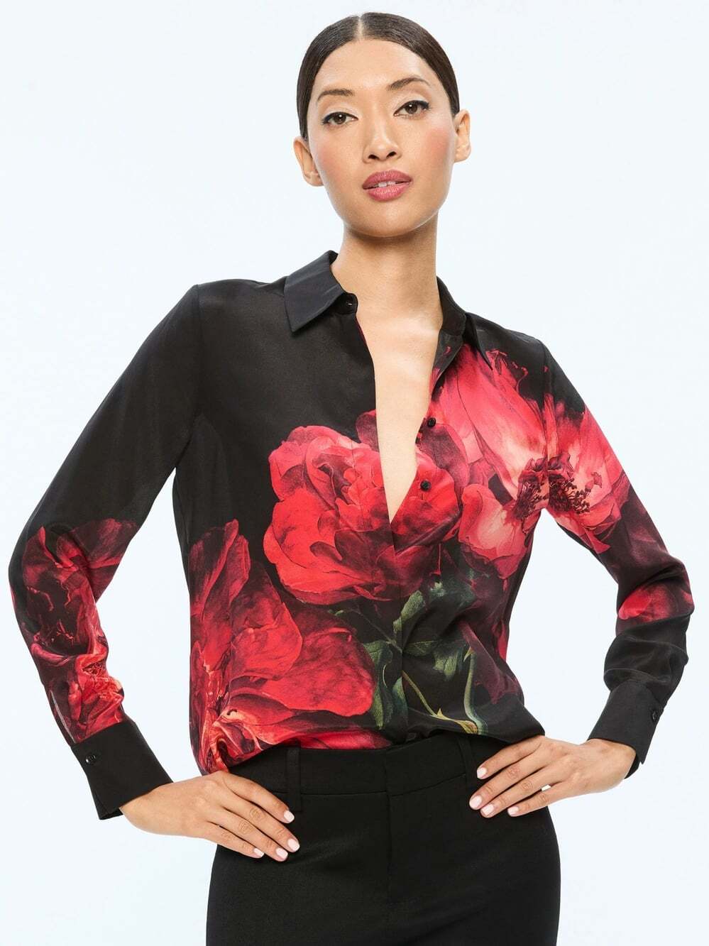 Alice + Olivia Brady Peony Petals Bright Ruby Silk Blouse Medium